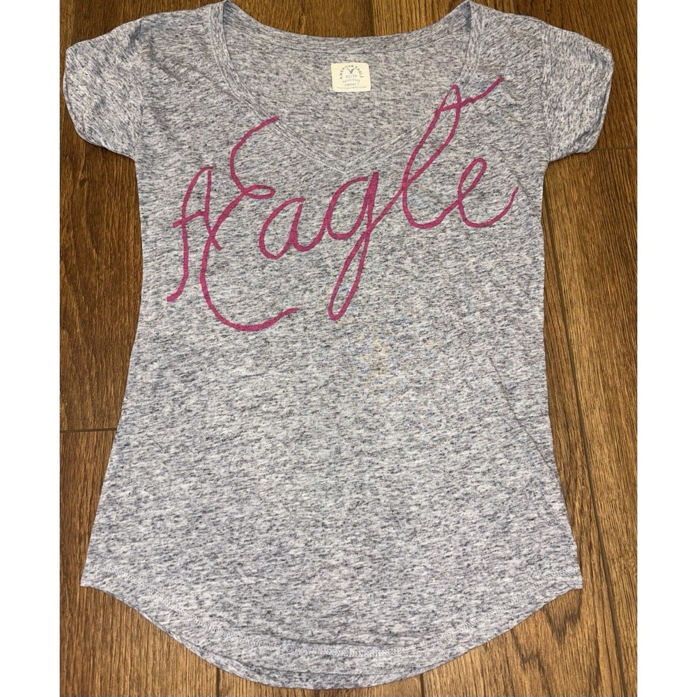 American Eagle Womens Gray Pink Graphic V-Neck long Tee Shirt XS XSmall y2k Bird